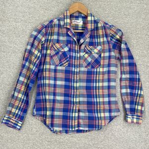 Vintage Amy Barr Blouse Womens 10 Blue Yellow Plaid Button Up Long Sleeve Pocket